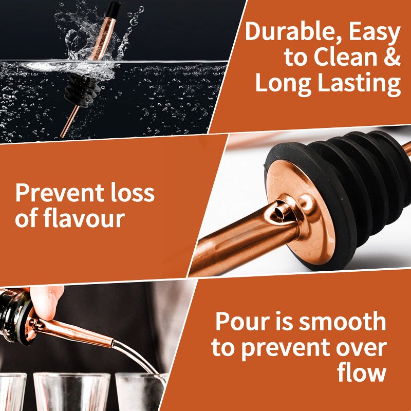 SuproBarware Liquor Bottle Pourers - 8 Pack Stainless Steel Classic Bottle Pourers with Clean Brush, Rustproof Metal Alcohol Pouring Tubes For Bars, Clubs, Restaurants & Home Use (Copper) - Image 4